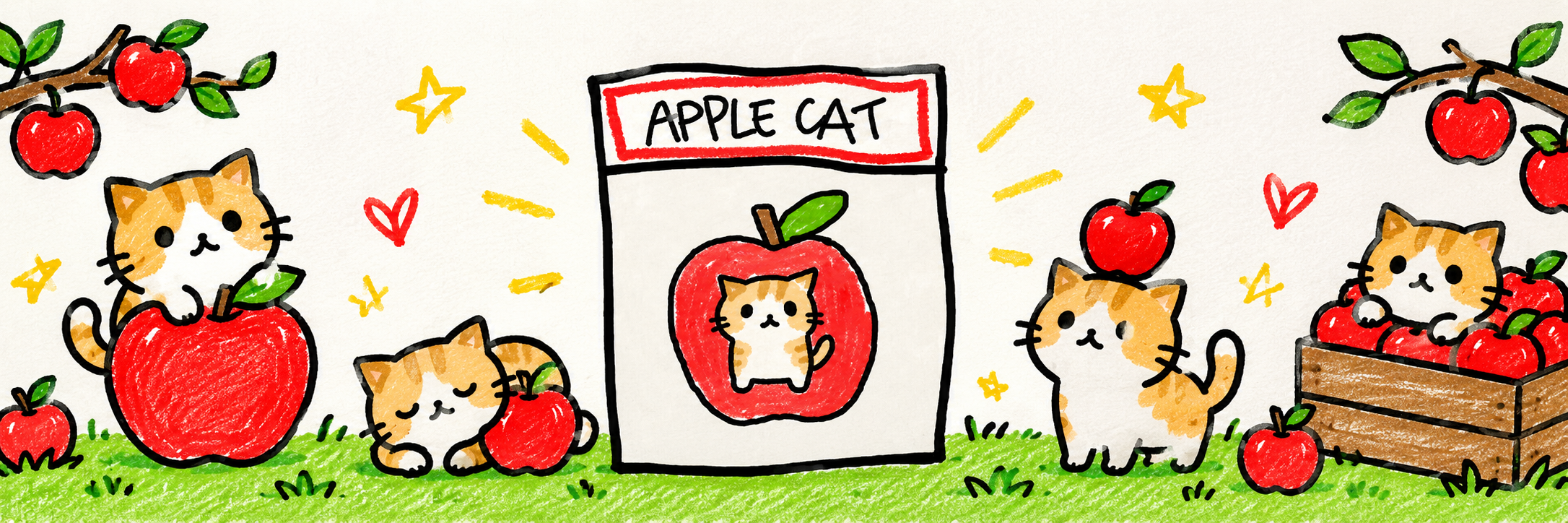 Applecat orchard banner with cats and apples